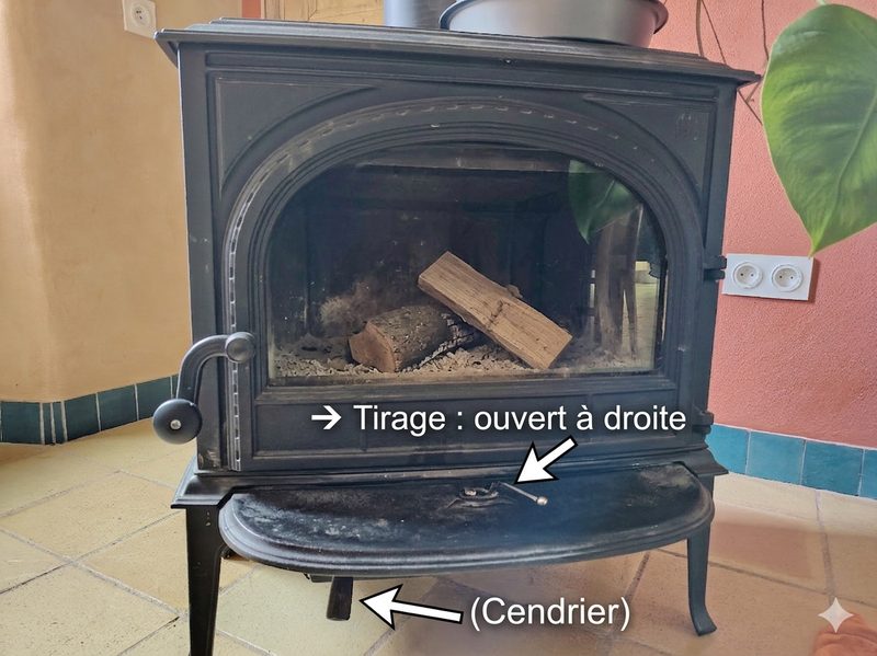 Poêle à bois – tirage et cendrier annotés